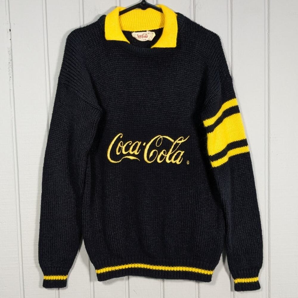 Vintage 80s Coca Cola Black Yellow Knit Long Sleeve Collared Rugby Sweater XL